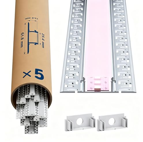GEEKLUX 5 x LED Alu Profil für LED Streifen 2m, Led Schiene für Trockenbau, Für Stripes bis 20 mm Breite oder Zwei LED Stripes, Mit Diffusor aus Halbtransparentem PC - 61.8 x 13.8mm