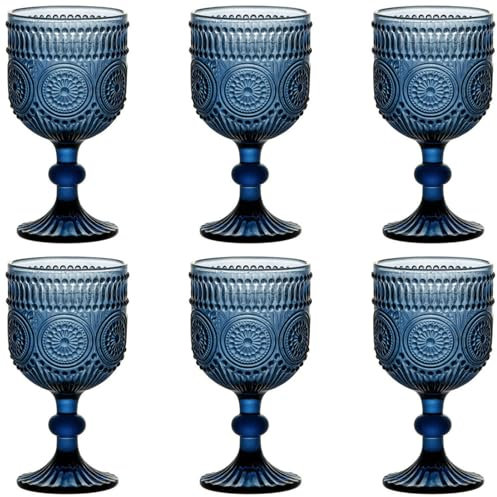 Taganov Blue Water Goblets Wine Glasses Drinking set of 6 Vintage Colored Glassware 12 Ounces Sunflower Stemmed Cups for Wedding Party Bars Restaurants