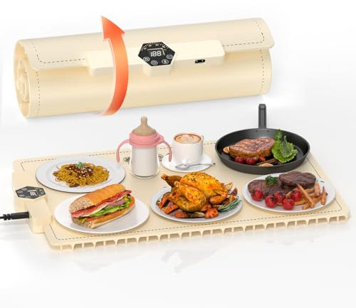 INNOWARMER Warmhalteplatte Elektrisch,Speisenwärmer Ganzflächige Erwärmung,Faltbare Silikon Warmhalteplatte 5 Einstellbarer Temperatur & Timer,Buffetwärmer Elektrisch für Buffet Familie (Weiß)