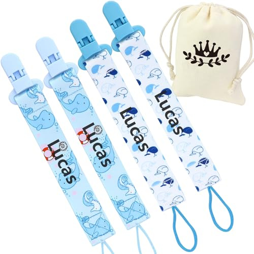 4-Pack Ultra-Soft-anpassbare Dummy-Clips mit Aufbewahrungstasche-Perfektes Babygeschenk für Neugeborene, personalisierte Sootherketten (Blau)