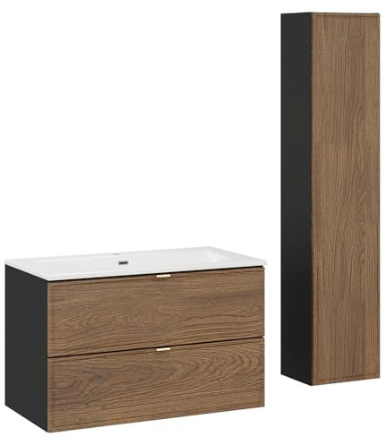 Lomadox Badmöbel-Set 2-teilig mit 80 cm Waschtisch und Hochschrank in Eiche und schwarz, Einbauwaschbecken weiß