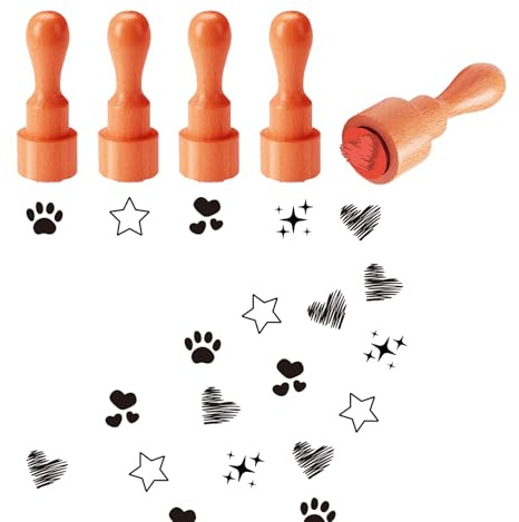 AHANDMAKER 5 estilos de sellos de goma de madera de 2/3 pulgadas, pequeños mini sellos de estrella, corazón, garra, sellos de goma redondos bonitos sellos de goma de madera para hacer álbumes de