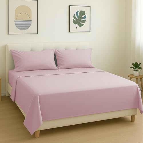 DH DREAMER HOME Juego de Sábanas de 4 Piezas - Ropa de Cama Poliéster para Cama de 135 - Sábana Encimera de 210x270cm, Bajera Ajustable de 135x200+27cm y 2 Funda Almohada de 50x75cm - Color Rosa