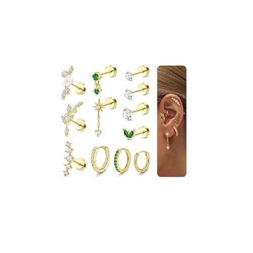 Adramata 12 delar helix kirurgiskt stål tragus örhängen set – platt baksida stift blomma öron piercing ring brosksmycke – silver guld conch daith., Rostfritt stål