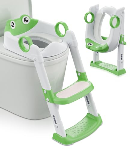 Toilettensitz Kinder mit Treppe, Kinder WC Sitz mit Treppe, Höhenverstellbar Faltbarer 2-in-1 Toilettentrainer mit Gepolstertem Sitz, Spritz- und Rutschfestes Trittbrett(Grün/Weiß)