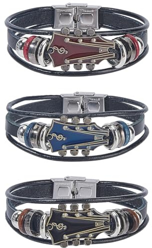 CALFOVERA Bracciale Avvolgente in Pelle PU con Chitarra retrò, Stile Punk, Multistrato, Rock, Musica, Etnico, Tribale, Impilabile, Intrecciato, per Uomo, Regalo per Appassionati di Musica