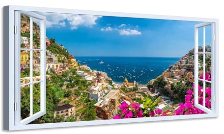 Quadro finestra panorama Positano Costiera Amalfitana vista mare - Stampa su tela con telaio in legno - 120x60 cm