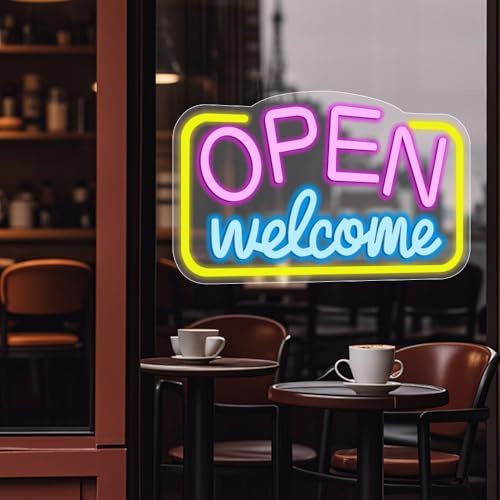 KBIBCK LED Neon Welcome Open Sign, Open Welcome Neon Sign, Opens Signs for Business, Opens Neons Light for Wall Decor, LED Dimmable USB Power Letter Openr Neons Light Signs for Store, Bar, Coffee Shop