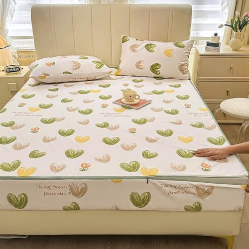 Morbuy Coprimaterasso Singolo Matrimoniale Impermeabile, Coprimaterasso Una Piazza e Mezza Antiacaro con Cerniera Morbida e Traspirante per Materassi Altezza 25cm (180x220+25cm,KA Cuore verde)