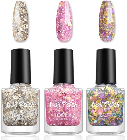 3 Pcs Gold Rosa Glitzer Nagellack Set - Schnelltrocknender Nagellacke Ohne UV Lampe - Ungiftig Nagellack Auf Wasserbasis - Langlebig Nail Polish Nagelack für Frauen DIY Nagelkunst Zu Hause (Pink Gold)