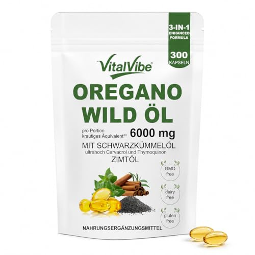 VitalVibe Oregano Wild Öl Kapseln hochdosiert - 3-in-1 Komplex mit Schwarzkümmelöl & Zimtöl - 6000 mg krautiges Äquivalent & 165mg Carvacrol - 300 Weichkapseln für 5 Monate - Premium Qualität, Non-GMO