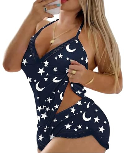 GIVTULIP Due Pezzi Completo Donna Elegante Pigiama Corto Senza Maniche Pizzo Camicia Notte Cami Top Pantaloncini Estivo Indumenti Notte Canotta con Spalline Esotico Lingerie Biancheria Negligee