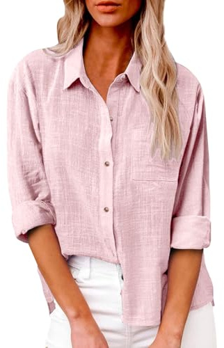 AMDOLE Linen Shirt Women Long Sleeve Cotton Linen Tops Casual Button Down Loose Oversized Summer Tops Dressy Blouses Plain Ladies Top Work Loose Fit Plus Size T-Shirts 2026 Pink M