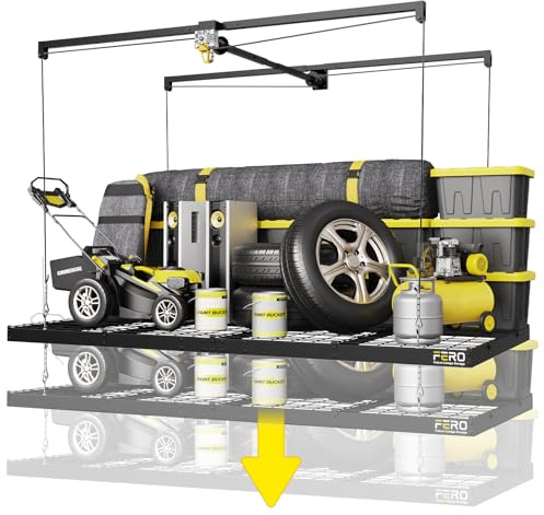 FERO Overhead Garage Storage Rack, 500 lb Capacity, 4x8 FT Garage Ceiling Storage Rack with Safety Lock, Heavy-Duty Ceiling Mounted Lift System, Drop-Down Garage Ceiling Organizer