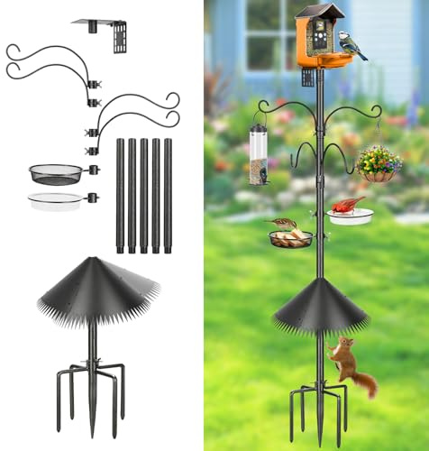 Vogelfutterhaus für Außen, 233cm Hoch |Vogelfutterspender mit 5-Zackigem Standfuß, Eichhörnchenschutz, Futterschale & Wasserschale | Vogelhaus-Ständer mit dekorativen Haken für den Garten