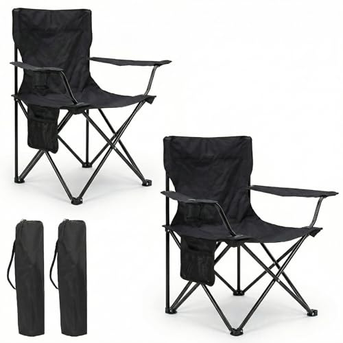 azorex Silla Plegable de Camping con Respaldo y Reposabrazos 48x49x80 cm, Portavasos y Bolsillo, Ultraligera Portátil para Playa, Pesca, Jardín y Excursiones – Incluye Bolsa (Negro, Pack de 2)