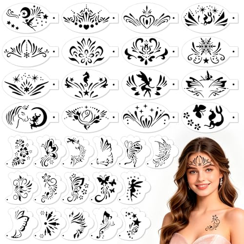 SRIZIAN 32 stycken ansiktsfärgschabloner, återanvändbara ansiktsmålningsmallar, ögontatuering stencil kroppsfärg schabloner för barn fest semester halloween makeup