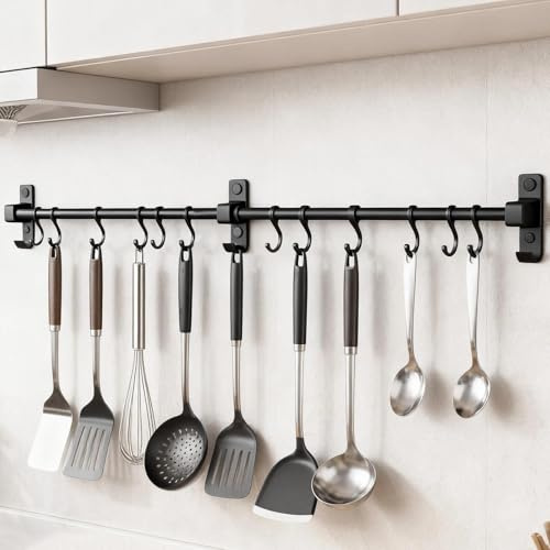 XBAIPIN Barra per utensili da cucina da 80 cm, telaio in alluminio con 12 ganci mobili, barra da cucina con ganci per riporre utensili da cucina anche per bagno e corridoio