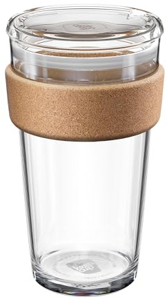 KeepCup Brew Cork Quicksip - 16oz/454ml Tempered Glass Reusable Coffee Cup/Travel Mug, Natural Cork Band with Clear Spill Proof Lid