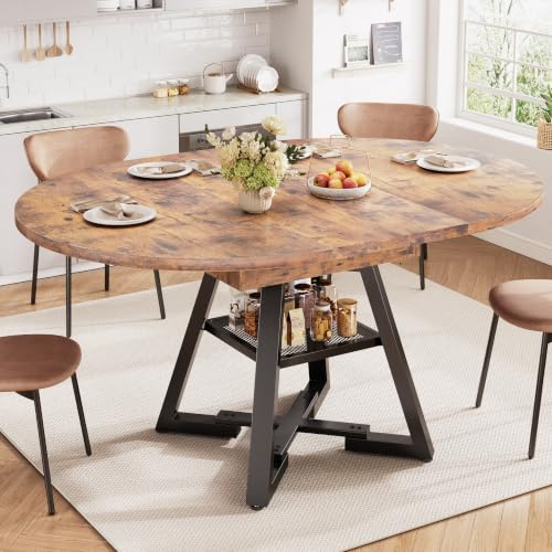 Jocoevol Table à Manger Extensible 145cm pour 4, 6 et 8 Personnes, Table de Salle à Manger Ronde avec Plateau Amovible et étagère de Rangement, Table de Cuisine Agrandie à Piètement Central (Marron)