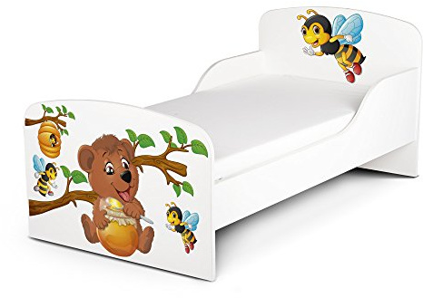Leomark Funktionsbett aus Holz - Honig und Bär - Kinderbett mit Matratze, Holzbett mit Seitenschutz Lattenrost, Komplett Set für Kinderzimmer, Liegefläche 70/140 cm, UV-Druck