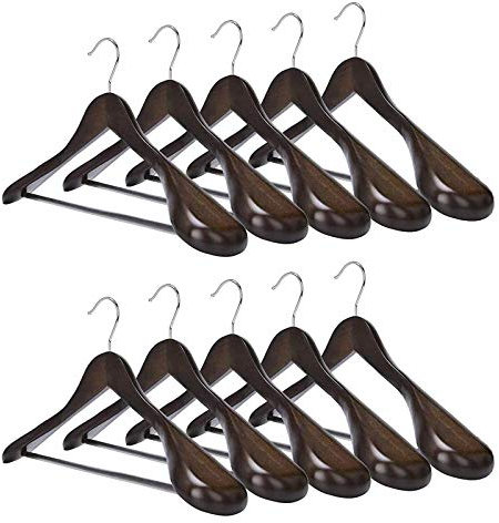 MECOREX Anzugbügel, 10er Set, Kleiderbügel aus Massivholz, mit extra Breiten Schultern, rutschfest, für Hemden, Mäntel, Jacken, Hosen, Anzüge, um 360° drehbarer Haken（Dunkle Walnuss Farbe）