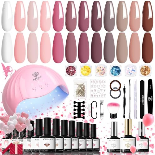 Modelones Gel Nail Kit with 48W Lamp - 12 Colors Pink Gel Nail Polish Set with Lamp Starter Kit, Glossy & Matte Top and Base Coat, Manicure Tools for Beginner DIY at Home