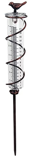JOYBee Pluviomètre en Spirale en Verre d'une capacité de 17,8 cm, jauge de Pluie en Fonte à Suspendre pour Oiseaux, Compteur d'eau de Pluie de Jardin avec Cadre en métal, décoration pour Jardin,