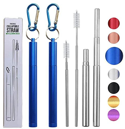 Hoshen Popote plegable reutilizable de tres secciones, pajita telescópica portátil, incluye cepillo y mosquetón pequeño (carcasa de aleación de aluminio), azul, 2 unidades