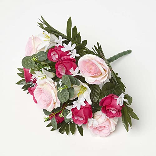 Homescapes Lilien-Rosen-Strauß künstlich, kirschrot, dekoratives Blumen-Bouquet 35 cm groß