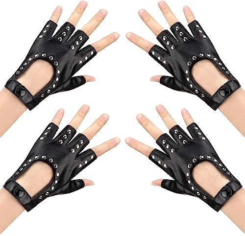 Newellsail 2 Paia Guanti Punk Senza Dita Guanti Mezze Dita da Donna in Pelle PU con Rivetti per Cosplay, Performance, Danza, Guida, Ciclismo, Taglia Unica (Nero)