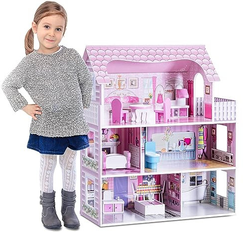 Maxmass Kids Wooden Dollhouse, 3-Storey Doll House with Furniture Accessories, Large Pretend Play Dreamhouse for Children Toddlers