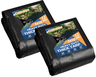 CSMEN Tarp Heay Duty Waterproof 5x10ft 2pack,Black Tarps Plastic Tarp Cover Poly Tarpaulin for Outdoor Cover,Emergency Rain,Roof, Pool, Boat,Camping - Multipurpose with 12Mil Thickness