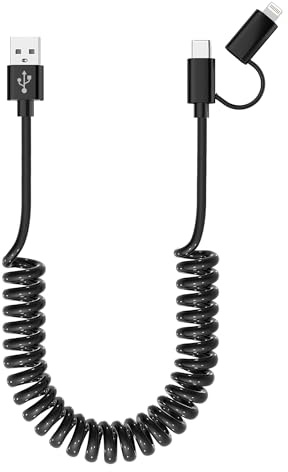 USB auf Lightning und USBC Spiralkabel 2 in 1 Android Auto & Apple Carplay Kabel [3A & MFi & Daten] USB Spiralkabel kurz mit USBC und Lightning Anschluss für iPhone 17/16/15/14/13/12/Galaxy/Android