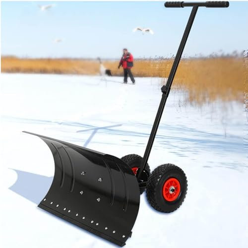 Abnehmbare Schneeschaufel mit Rädern, Schneeschieber mit Edelstahl, 5-Fach Verstellbarer Winkel 104 x 74 cm, Griff, Schneeräumwerkzeug, Haushalts-Schneeräumschaufeln