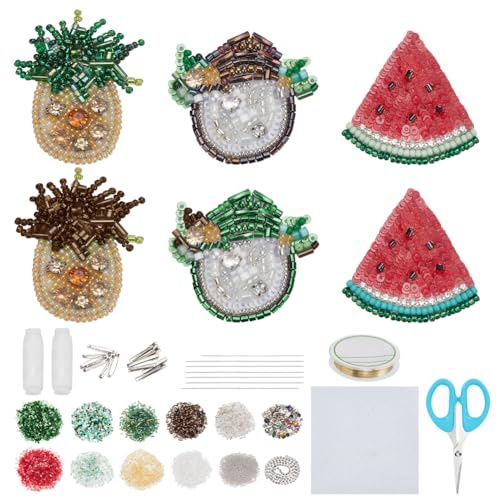 WEBEEDY 6 Sets DIY Fruit Beaded Patch Kit Brooch Pin Hair Barrette Making,Sequin Beaded Patches Sew on Patch Watermelon Pineapple Coconut Decorative Fruit Patch Kit for Clothes and Shoes