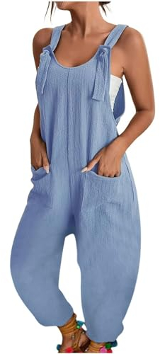 Azruma 80Er Jahre Outfit Damen, Jeans Latzhose Damen Schutzanzug Einweg Frauen Elegant Einfarbig Ärmellose Adjustable Bib Lang Jumpsuit Mit Taschen Damen Kostüm Elegant 90Er Outfit(Himmelblau,XXL)