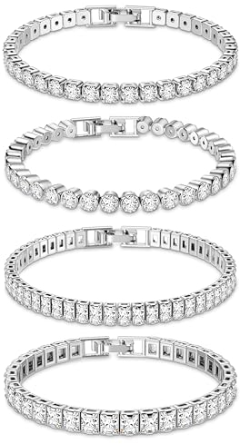 Dochais 4 Stück Tennis Armband Damen Silber, Diamant Armband Damen, Armband Zirkonia, Glitzer Armband Damen, Armband Damen Strass für Frauen Mädchen Mutter Ehefrau Schmuck Geschenk 19cm
