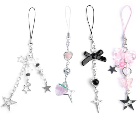 Ruittos 1-4PCS Cute Phone Charms Aesthetic Y2K Cell Phone Charms Strap Pink Strawberry Butterfly Star Phone Charm Y2K Accessories for Phone Bag Keychain Airpods Camera Pendants Decor, 15CM, Acrylic,
