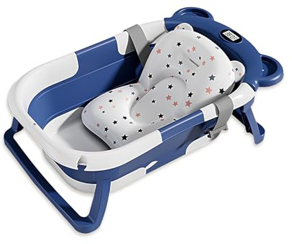 Faltbare Baby Badewanne Mit Thermometer, Tragbare Reisebadewanne Mit Badematte Und Abflussloch, Baby Bathtub Für Neugeborene Von 0-15 Monaten, Blue