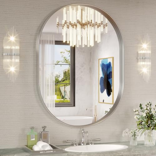 JIINGYO Ovaler Spiegel, 61 x 81 cm, silberfarbener Badezimmerspiegel, ovaler Spiegel für Badezimmer, silberner Kosmetikspiegel für Wand, Eingang, Wohnzimmer, Wandmontage, Spiegel zum Aufhängen