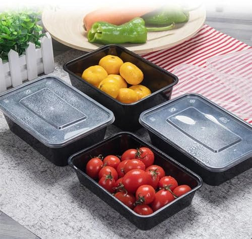 HOT BARGAINS 50 X 500ml Heavy Duty Takeaway Food Containers with Lids Black Colour BPA, Microwave & Freezer Safe Reusable Black Food Box for Restaurants, Bars & Cafe (500ml, 50)