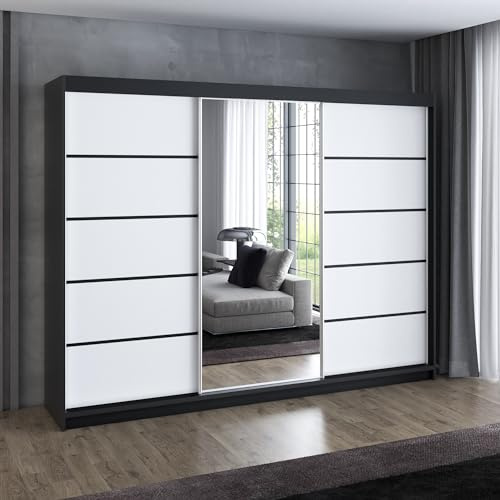 A&J MöbelLand Schwebetürenschrank VILUNO 2 Kleiderschrank 3-türig 200 cm mit Spiegel, 4 Schubladen & 2 Kleiderstangen, Geräumiger Schlafzimmerschrank (Schwarz/weiß)