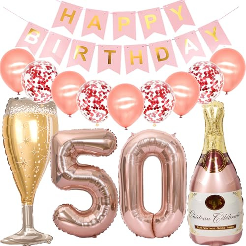 Feelairy Luftballon 50. Geburtstag Deko Frau, Rosegold Folienballon Weinflasche Sektflasche Helium Ballon Champagner Flasche, Girlande Happy Birthday Deko für Geburtstagsdeko 50 Jahre Frauen