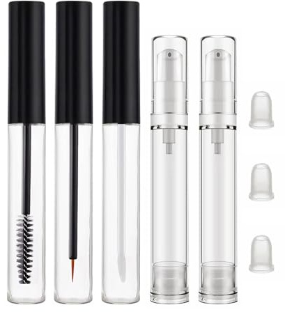 Hebterrka 3 Stück 10ml Transparente Mascara Tuben mit Stab, Leere Eyeliner Tuben und Lipgloss Tuben, 2 Stück 10ml Airless Pumpflaschen (5er Pack)