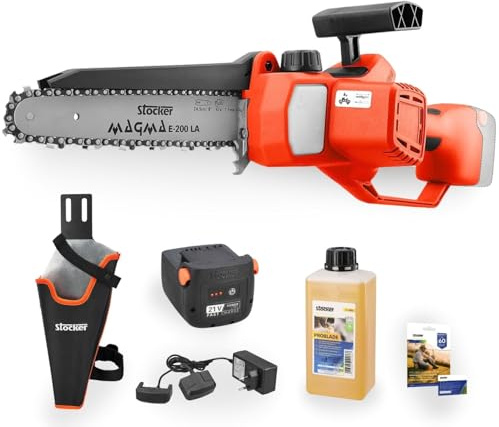 STOCKER - Kit Motosega Magma E-200 LA 21V con Batteria Fast Charge 2,6Ah, Caricabatterie, Fodero Protettivo, Olio biodegradabile Lubrificante ed Estensione di garanzia fino a 60 mesi, kit per Potatura