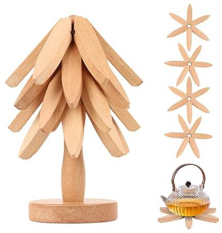 5 pièces Dessous De Plat en Bois pour Plats Chauds, Dessous De Plat Pliable en Forme d'arbre avec Support, Trivets en Bois en Forme D’Arbre, Isolation Anti-BrûLure, ProtèGe Le Plan De Travail