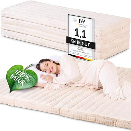 Namasdee Klappmatratze 200x140x8cm mit 100% natürlicher Kapokfüllung (Weiß Uni)