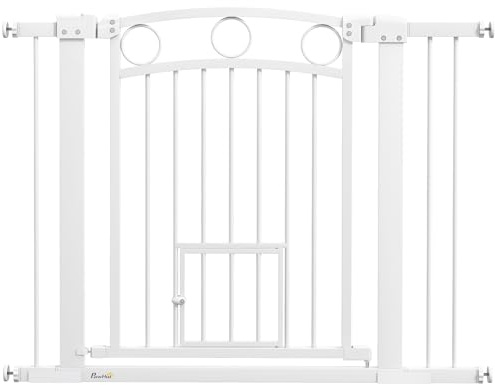PawHut Türschutzgitter 77cm Ohne Bohren für Breiten 76-104 cm Weiß | Absperrgitter, Treppengitter aus Stahl, mit Katzentür, Schutzgitter, Sicherheitsgitter für Treppen, Tür, Flur