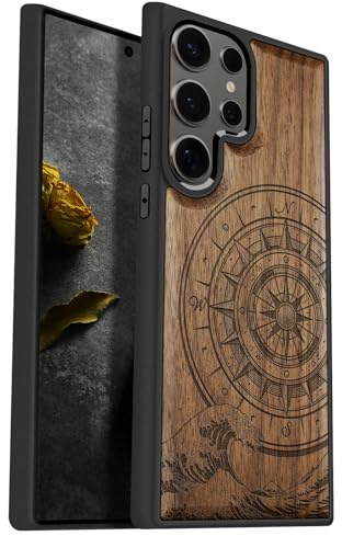 Carveit Coque pour Samsung S25 Ultra Étui [Pare-Chocs en TPU Souple] Coque de Téléphone Antichoc Compatible avec Galaxy S25 Ultra Etui Bois (Noyer-La Boussole des Grandes Vagues)
